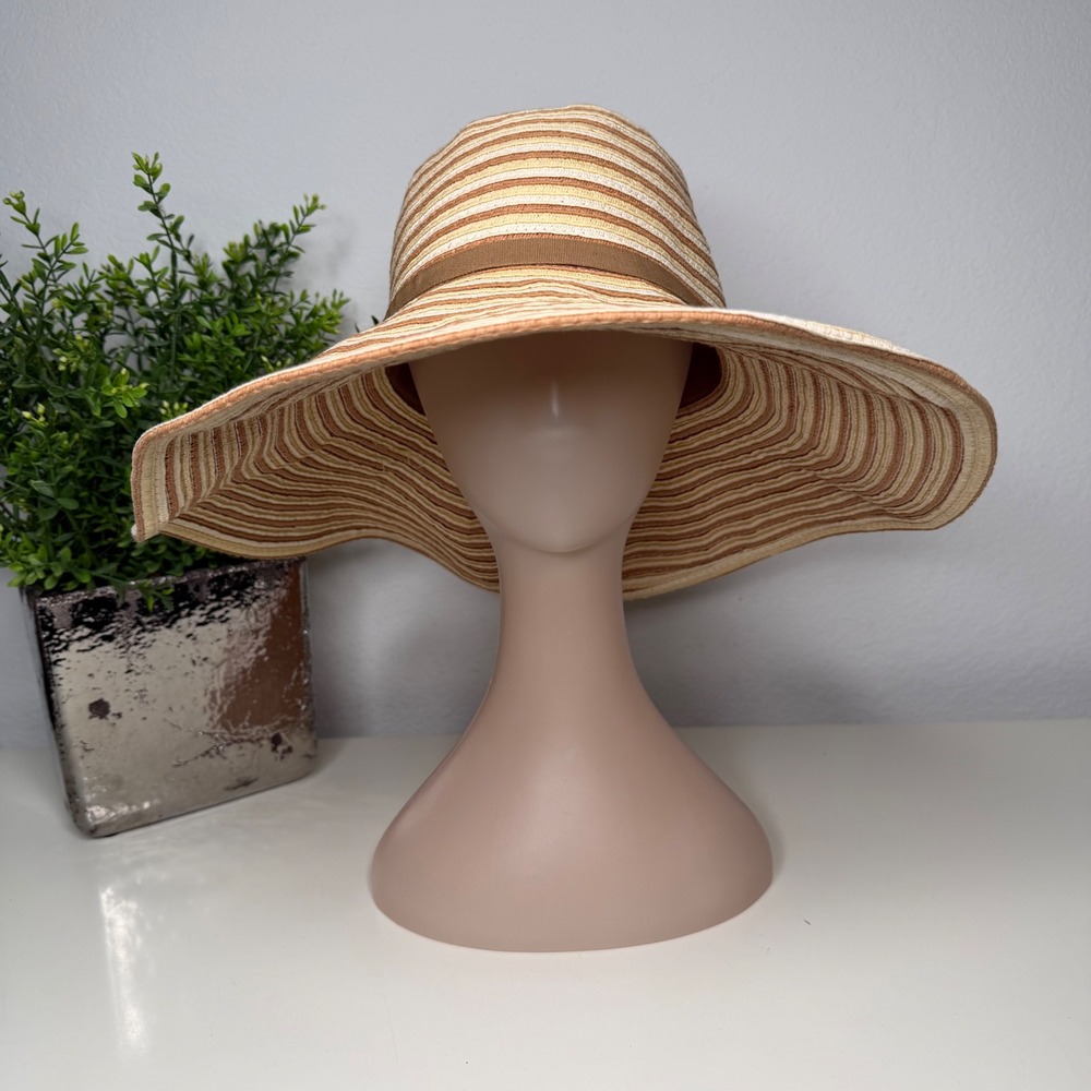 JHats Sun Hat Womens Brown Striped Wide Brim Floppy Boho Summer OS